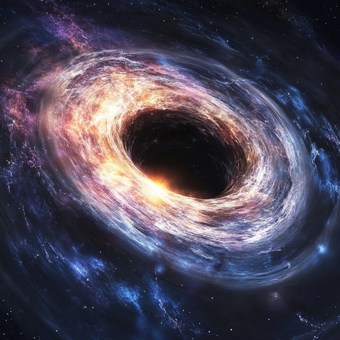 A vibrant depiction of a black hole in space, showing a swirling mass of colorful gases and light around the dark center—one wonders what mysteries lie within and if anything could have ever survived such an immense force.