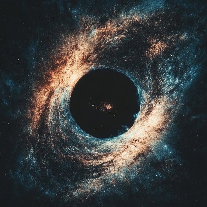 What has survived a black hole? 2 A spiraling black hole surrounded by swirling clouds of orange and blue gas and dust in space reveals the mesmerizing wonders of astronomy.