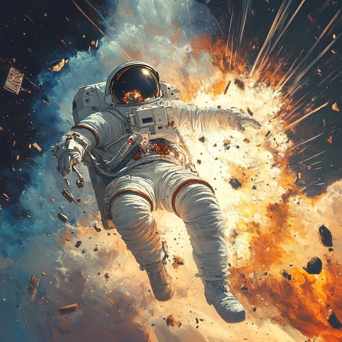Would you hear a crash in space? 3 An astronaut in a spacesuit depicted floating in space, with an explosion occurring nearby and debris scattering around from the crash.