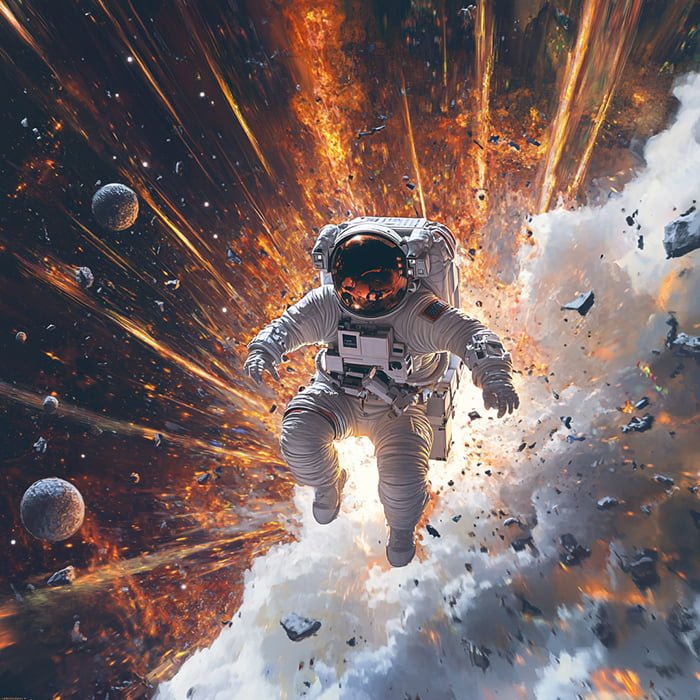 Would you hear a crash in space? 2 An astronaut, in a white suit, floats amid a cosmic explosion with bright flames and debris surrounding them as if hearing a crash in space. Dark space and planets are visible in the background.