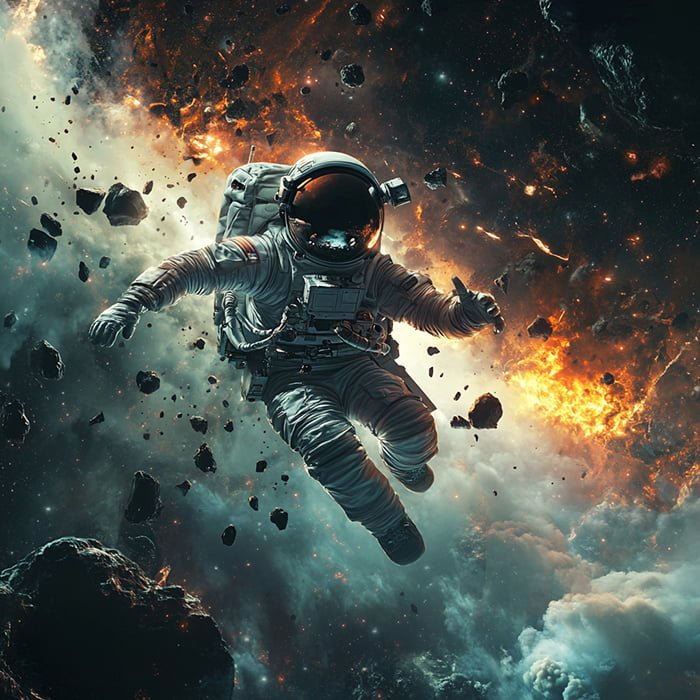 Would you hear a crash in space? 1 Amid the chaos of a crash in space, an astronaut floats among debris and fiery explosions, their spacesuit reflecting Earth in the helmet visor.
