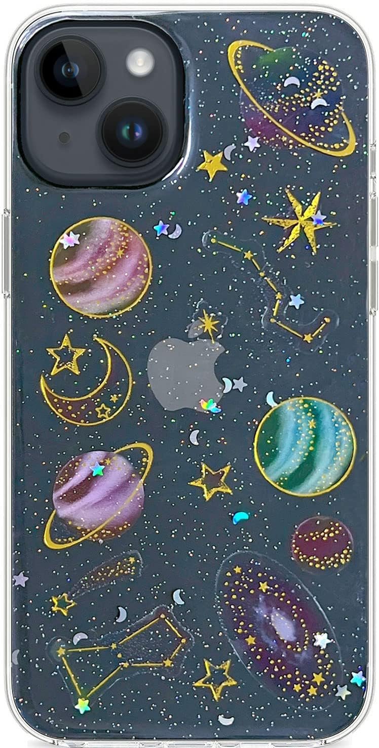 Abbery Designed for iPhone 14 6.1 inch Case Space Theme, Cute Bling Glitter Sparkly Clear with Design Soft Silicone TPU Rubber Stars and Moon Planet Aesthetic Case for Women Girls (Space)