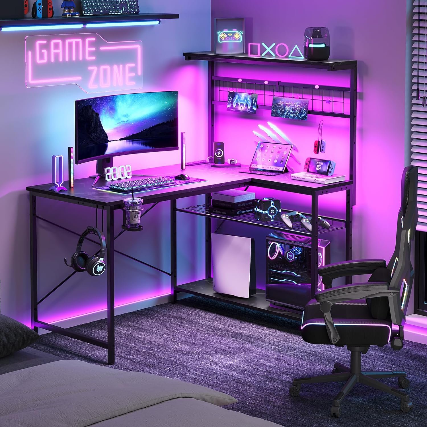 Bestier 42 L Gaming Desk,Computer Desk with Power Outlets, LED Lights, Reversible Corner Desk with 4-Tier Shelves,Cup Holder Hook (Carbon Fiber Black, 42 Inch)