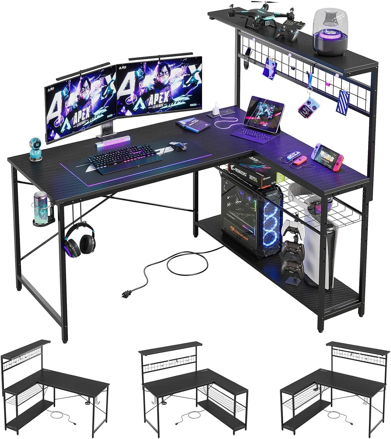 Bestier 42 L Gaming Desk,Computer Desk with Power Outlets, LED Lights, Reversible Corner Desk with 4-Tier Shelves,Cup Holder Hook (Carbon Fiber Black, 42 Inch)