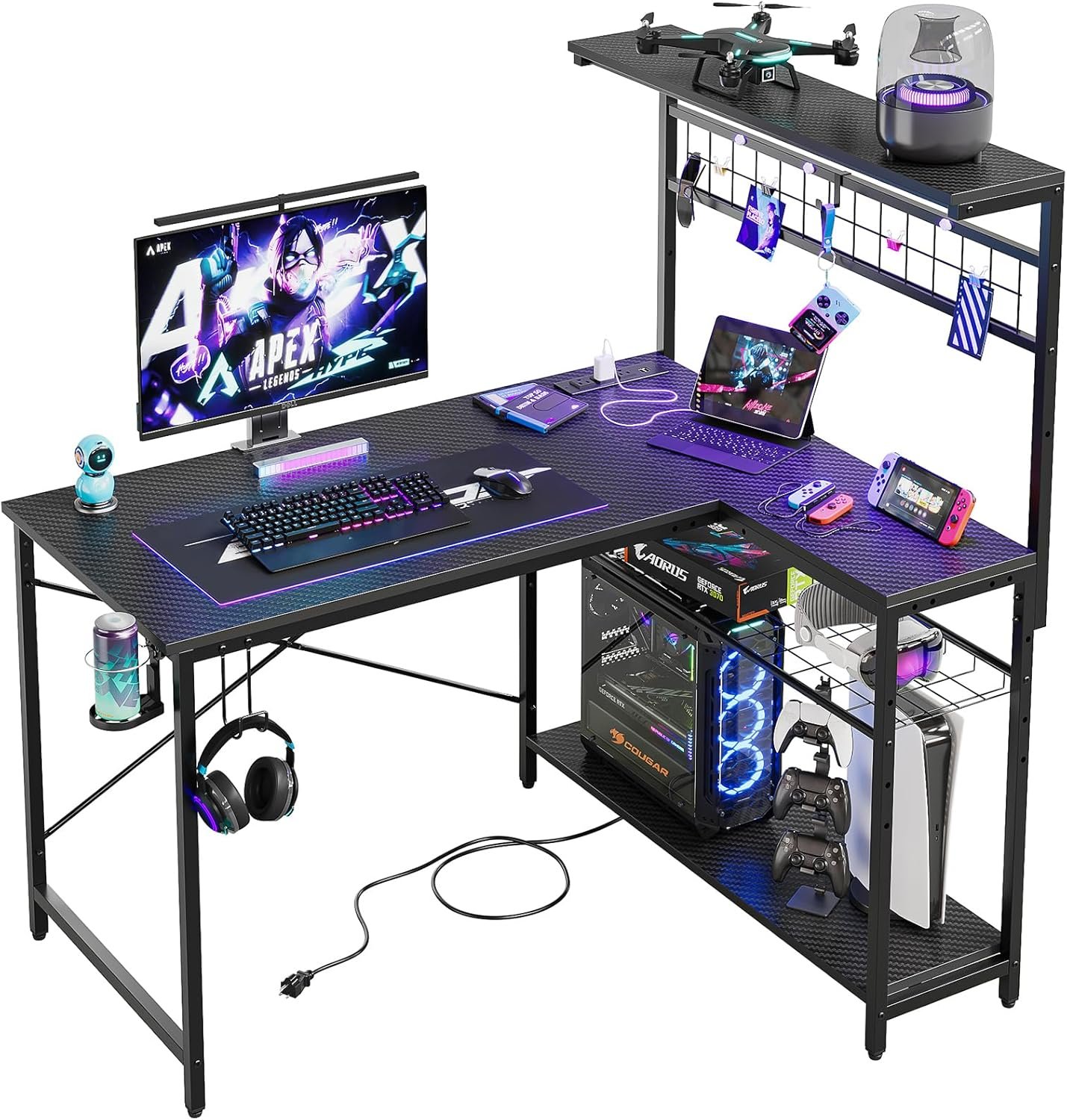 Bestier 42 L Gaming Desk,Computer Desk with Power Outlets, LED Lights, Reversible Corner Desk with 4-Tier Shelves,Cup Holder Hook (Carbon Fiber Black, 42 Inch)