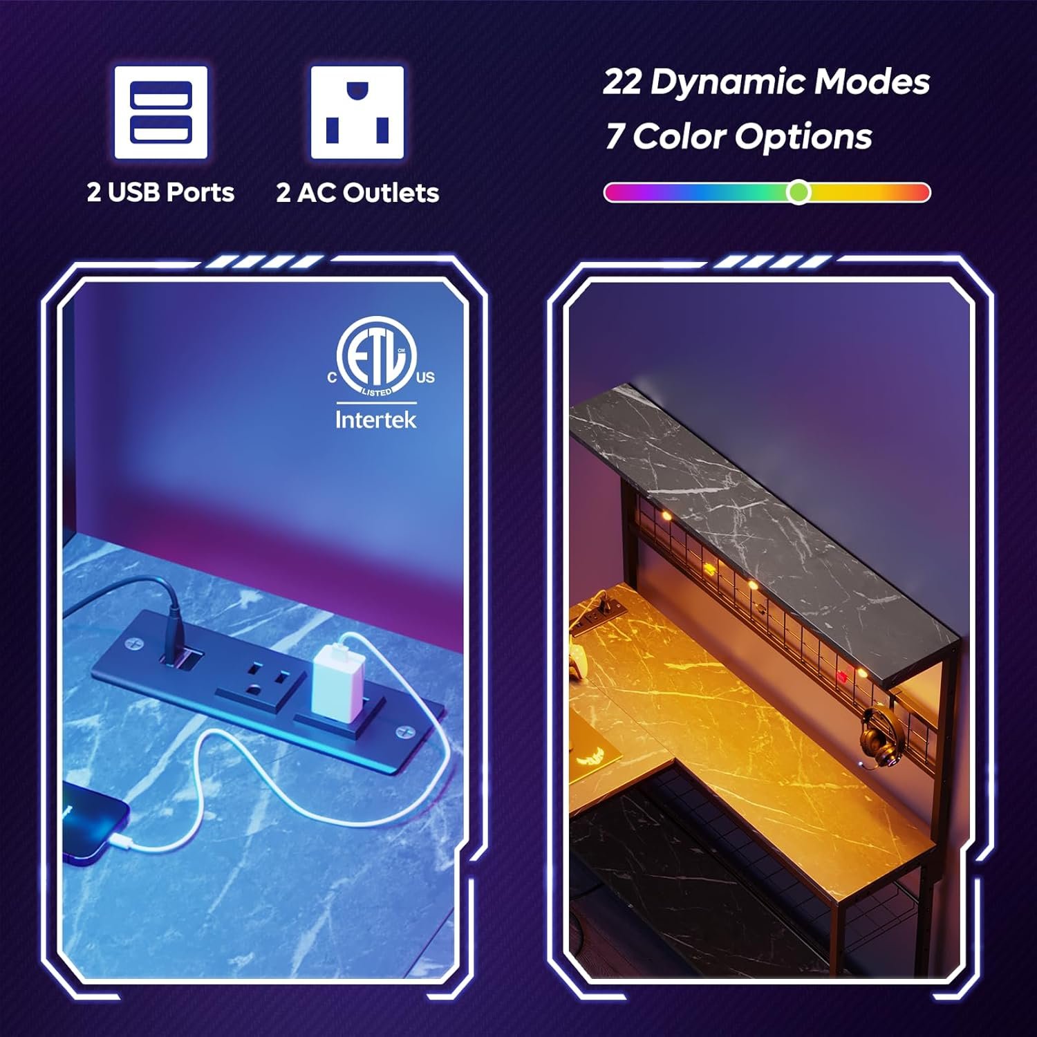 Bestier 42 L Gaming Desk,Computer Desk with Power Outlets, LED Lights, Reversible Corner Desk with 4-Tier Shelves,Cup Holder Hook (Carbon Fiber Black, 42 Inch)