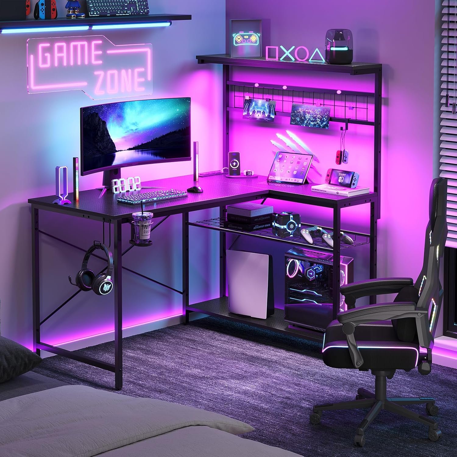 Bestier 42 L Gaming Desk,Computer Desk with Power Outlets, LED Lights, Reversible Corner Desk with 4-Tier Shelves,Cup Holder Hook (Carbon Fiber Black, 42 Inch)