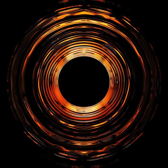 A circular pattern featuring concentric, glowing orange and yellow rings with a black center, resembling a tunnel or vortex against a black background, evokes the mystique of a black hole. The design captures the essence of cosmic physics and the mind-bending concept of escape.