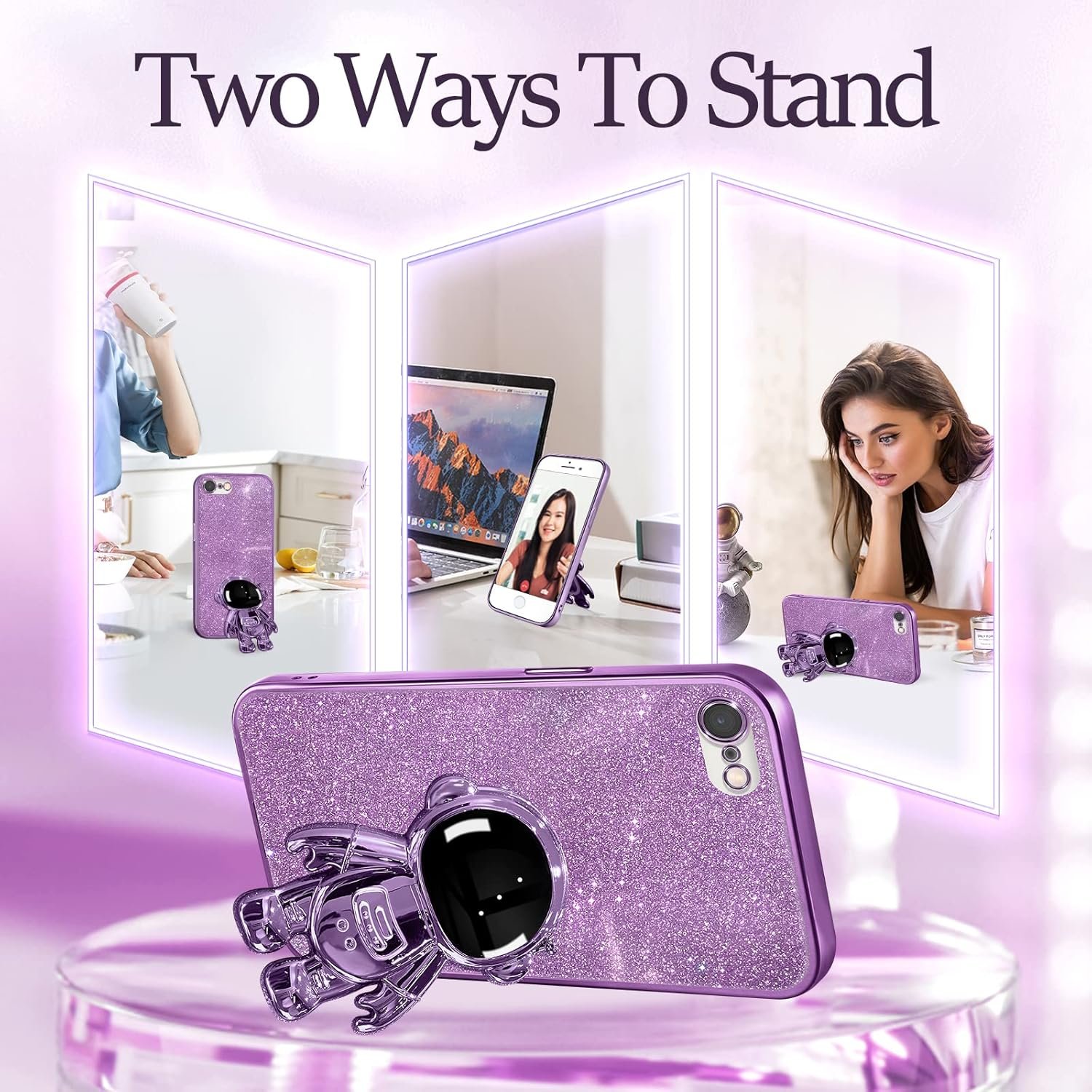 Buleens for iPhone SE 2022/ SE 2020/8/7 Case Astronaut, Clear Cases with Glitter Paper Spaceman Stand, Women Girls Cute Electroplated Sparkly Space Phone Cover for SE 2022/ SE 2020/8/7 Purple