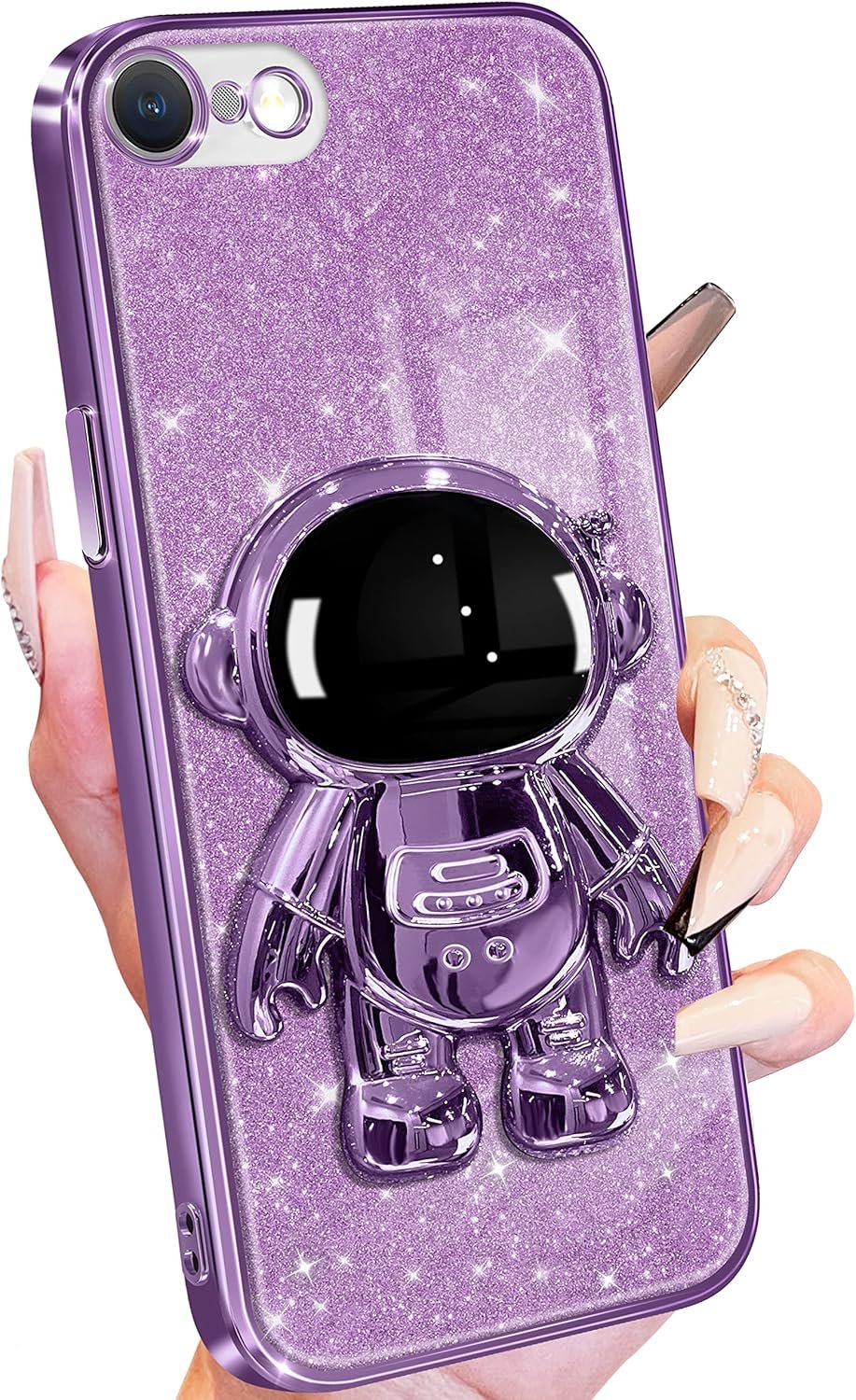 Buleens for iPhone SE 2022/ SE 2020/8/7 Case Astronaut, Clear Cases with Glitter Paper Spaceman Stand, Women Girls Cute Electroplated Sparkly Space Phone Cover for SE 2022/ SE 2020/8/7 Purple