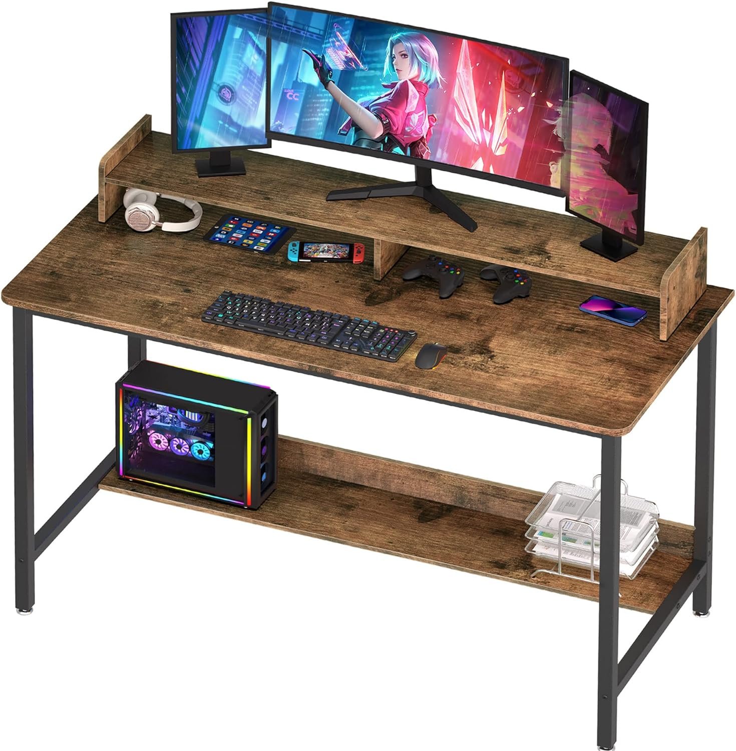 Computer Desk with Shelves, 32 Inch Gaming Writing Desk, Study PC Table Workstation with Storage for Home Office, Living Room, Bedroom, Metal Frame, Black