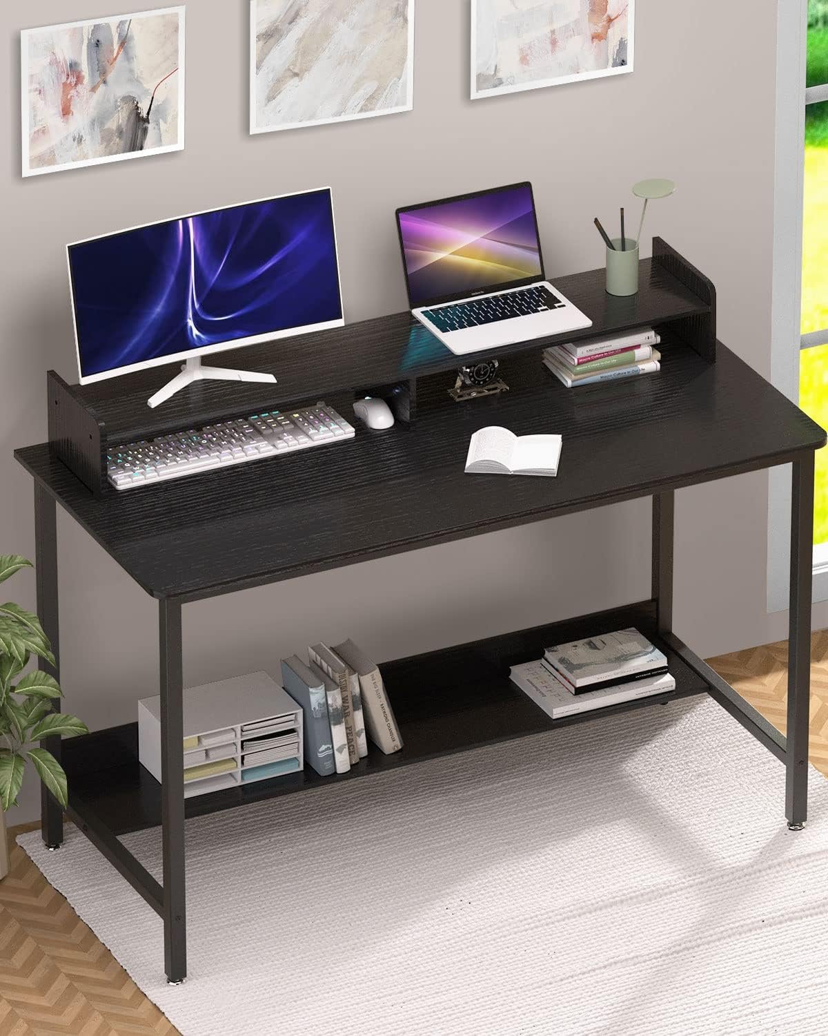 Computer Desk with Shelves, 32 Inch Gaming Writing Desk, Study PC Table Workstation with Storage for Home Office, Living Room, Bedroom, Metal Frame, Black