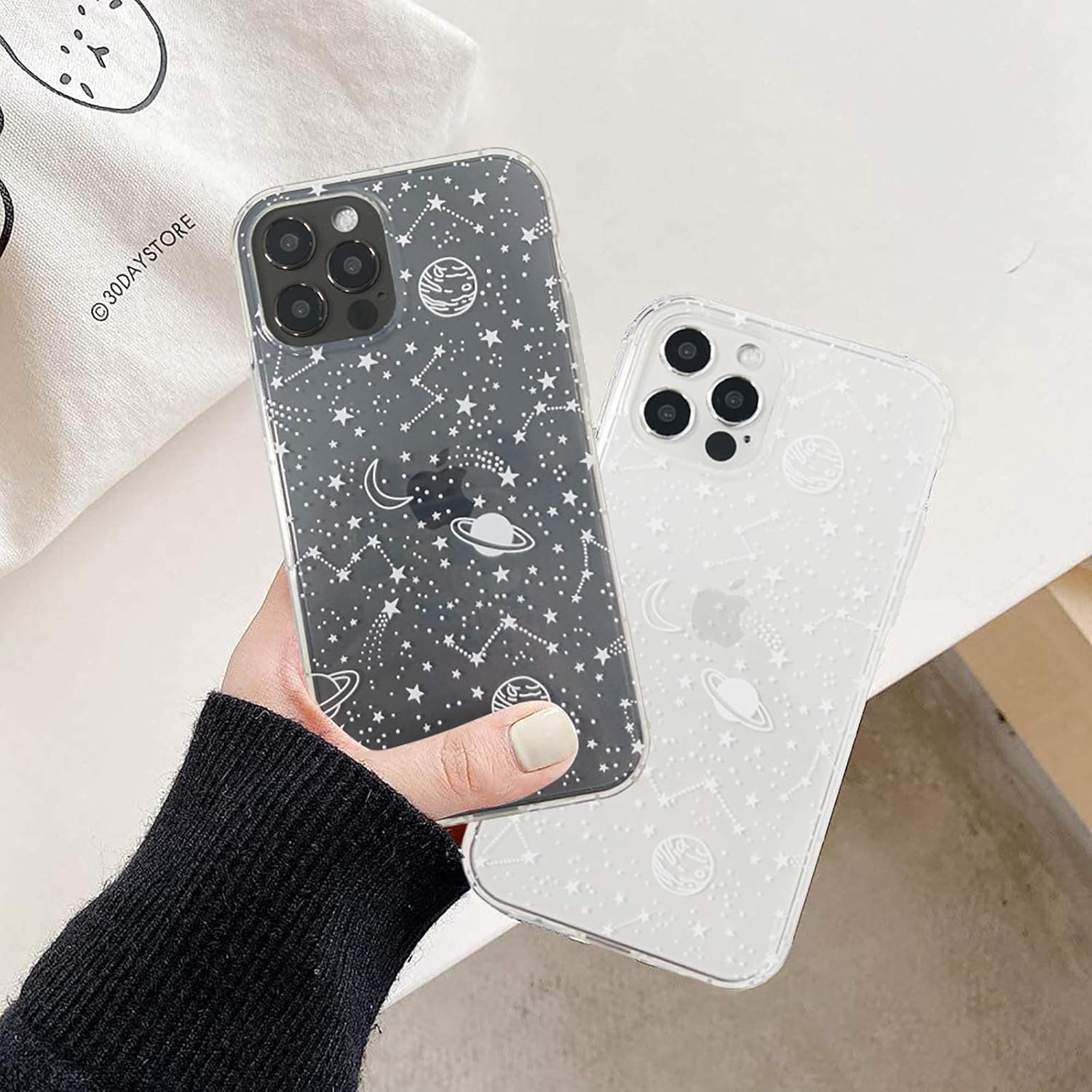 NITITOP Compatible for iPhone 12 / iPhone 12 Pro Case,Clear Cute with Beautiful Star Moon Outer Space Planet Patterns for Girls Women, Soft TPU for iPhone 12/12 Pro -White Galaxy