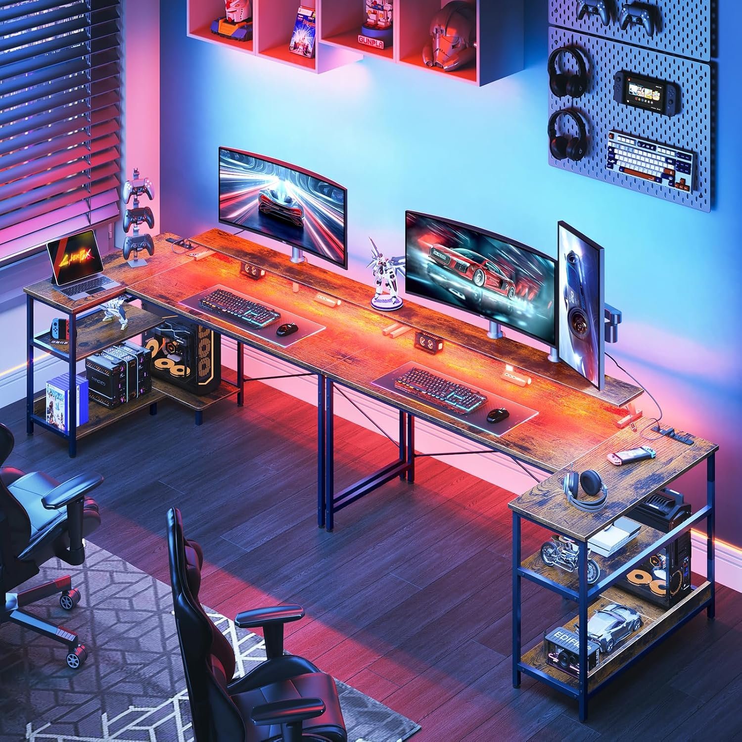 ODK 48 Inch Gaming Desk with USB Charging Ports and LED Lights, Reversible L Shaped Computer Desk with Storage Shelves Monitor Stand, Corner Gamer Desk Table with Power Outlets, Black