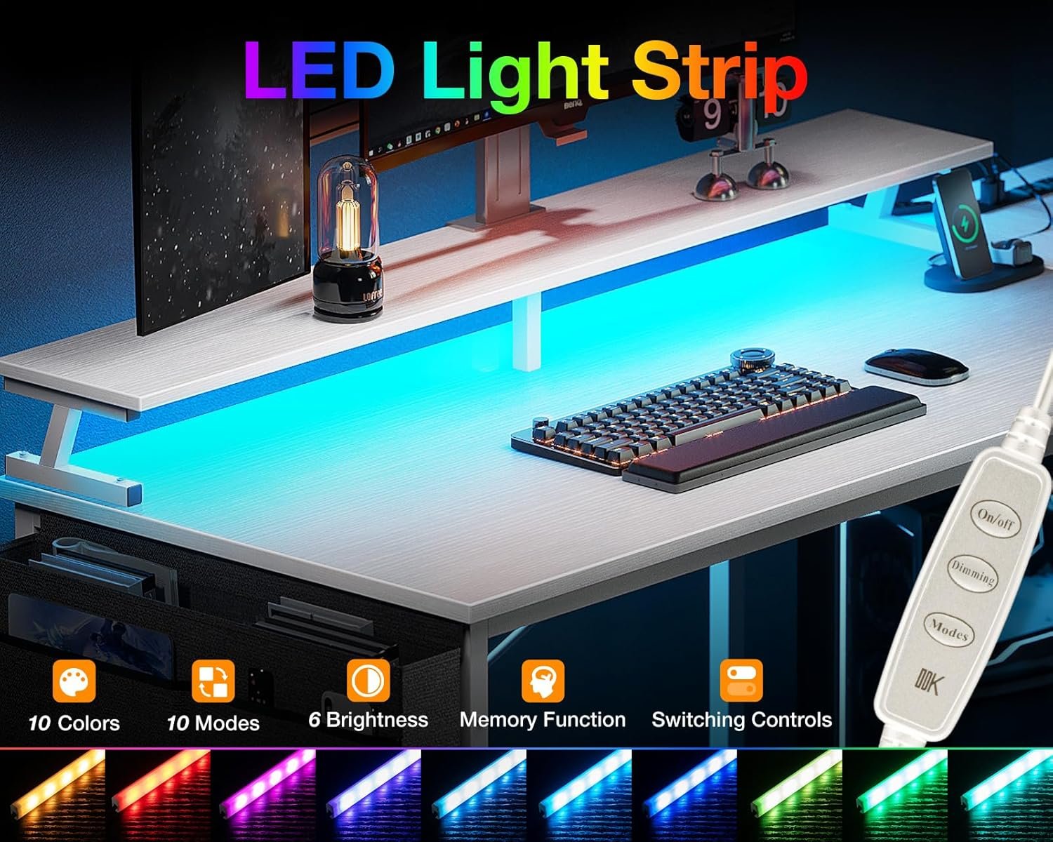 ODK 48 Inch Gaming Desk with USB Charging Ports and LED Lights, Reversible L Shaped Computer Desk with Storage Shelves Monitor Stand, Corner Gamer Desk Table with Power Outlets, Black