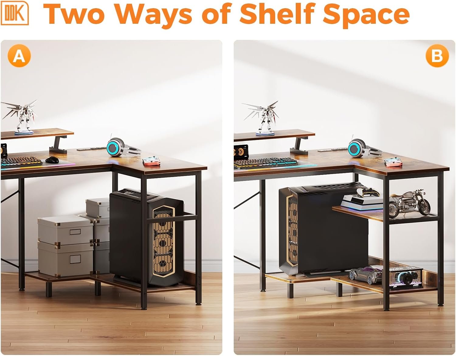 ODK 48 Inch Gaming Desk with USB Charging Ports and LED Lights, Reversible L Shaped Computer Desk with Storage Shelves Monitor Stand, Corner Gamer Desk Table with Power Outlets, Black