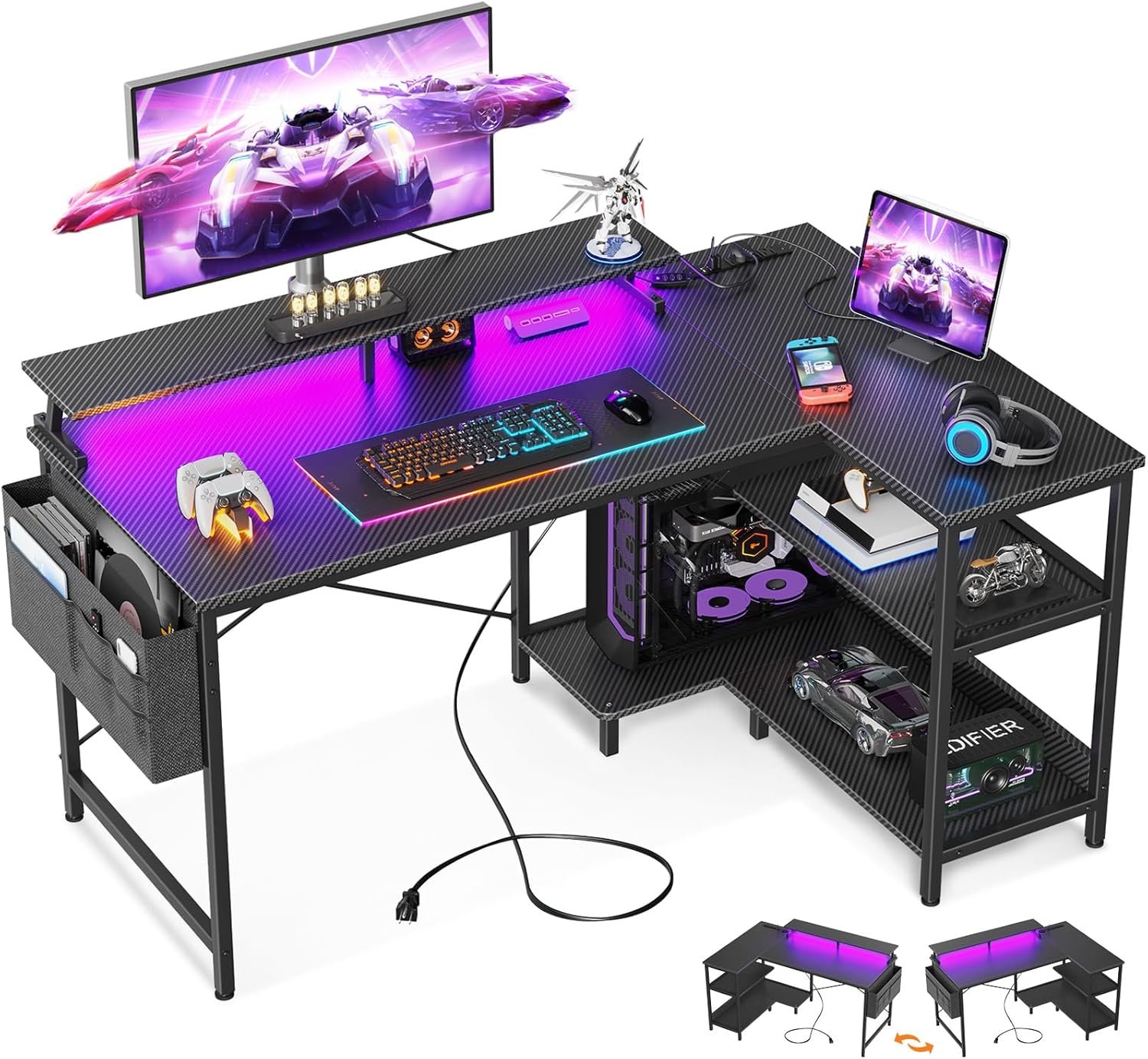ODK 48 Inch Gaming Desk with USB Charging Ports and LED Lights, Reversible L Shaped Computer Desk with Storage Shelves Monitor Stand, Corner Gamer Desk Table with Power Outlets, Black