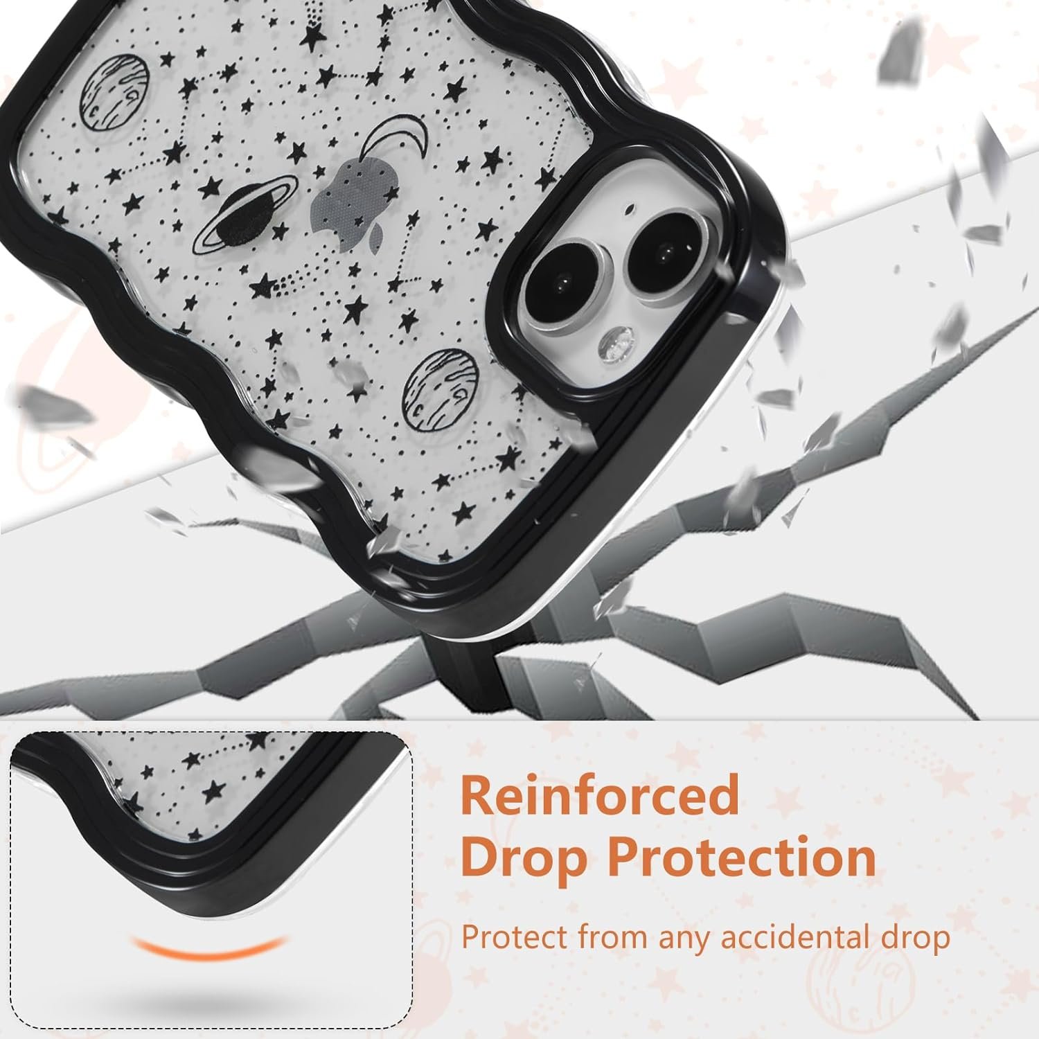 ZTOFERA for iphone 13/iphone 14 Case 6.1 inch,Cute Curly Wave Frame Shape Case with Star Space Pattern, Clear Slim Shockproof Hard PC Bumper Phone Case for iphone 13/14, Black