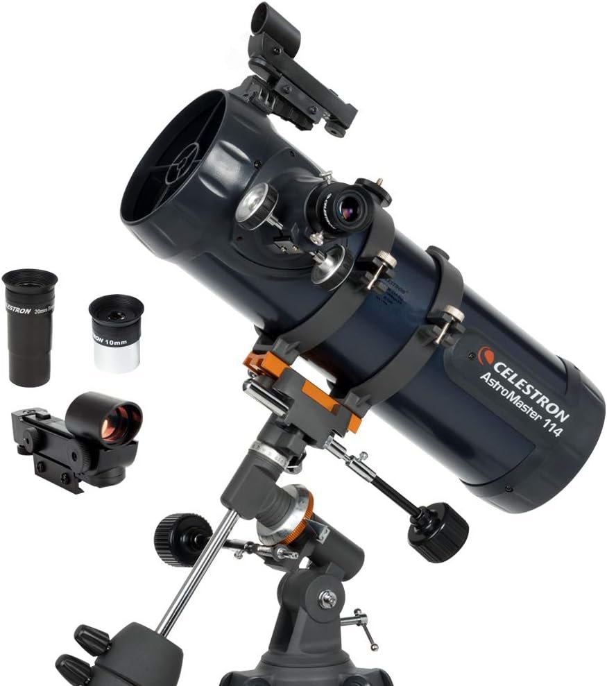 Explore the Cosmos with the Celestron - AstroMaster 114EQ Newtonian Telescope - Beginner's Reflector with Adjustable-Height Tripod