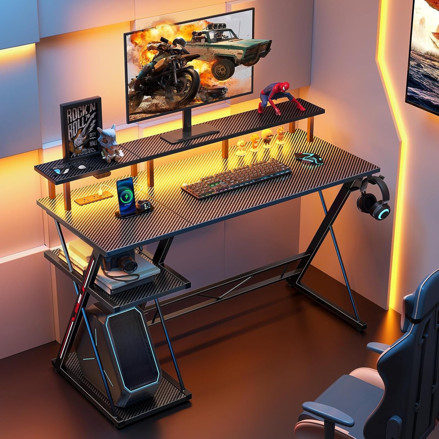 SEVEN WARRIOR Gaming Desk with LED Lights & Power Outlets, 39" Computer Desk with Monitor Stand