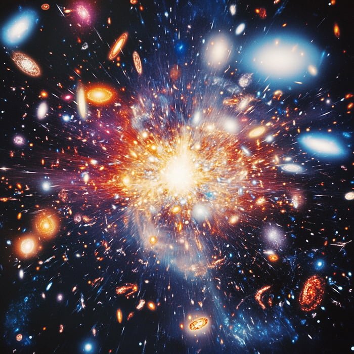 An artistic depiction of the Big Bang, illustrating a vibrant explosion surrounded by galaxies, stars, and cosmic dust in various dazzling colors.