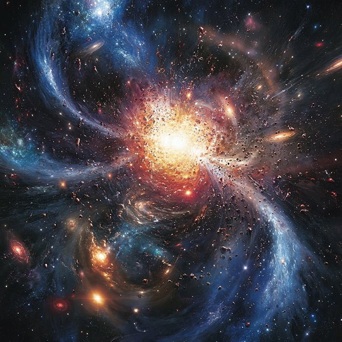 A vivid depiction of a cosmic explosion reminiscent of the Big Bang, with swirling galaxies, bright light at the center, and scattered space debris, set against a backdrop of deep blue and black space.