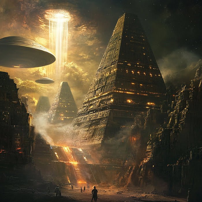 Exploring Extraterrestrial Life and Ancient Civilizations 2 Ancient pyramids with glowing lights stand as remnants of advanced ancient civilizations, while large UFOs hover above. Beams of light stream down, casting an eerie glow on shadowy figures in the foreground under a dark sky, hinting at extraterrestrial life.