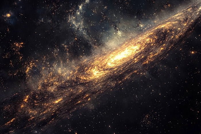 A spiral galaxy with bright, glowing stars and dust illuminated at its core, set against the dark backdrop of the universe.