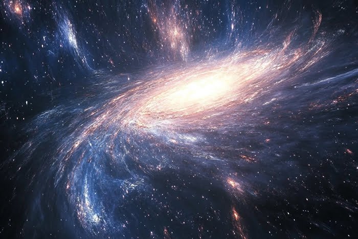 A spiral galaxy with a bright central core surrounded by swirling arms of stars and gases set against the dark expanse of the universe.