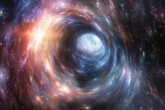 A swirling, colorful vortex of light and stars in space, resembling a portal or wormhole, surrounded by a dense field of stars and galaxies in the ever-expanding universe.