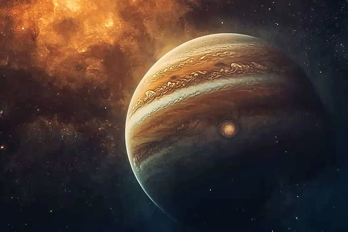 Exploring the Majestic Giant: A Deep Dive into Jupiter 1 A highly detailed image of Jupiter displays its swirling clouds, the Great Red Spot, and part of a glowing space nebula in the background.