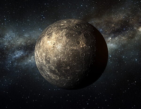 The 9 Planets in Our Solar System 8 A detailed image of Mercury, vividly showcasing its cratered surface against the expansive backdrop of space and the striking beauty of the Milky Way galaxy.