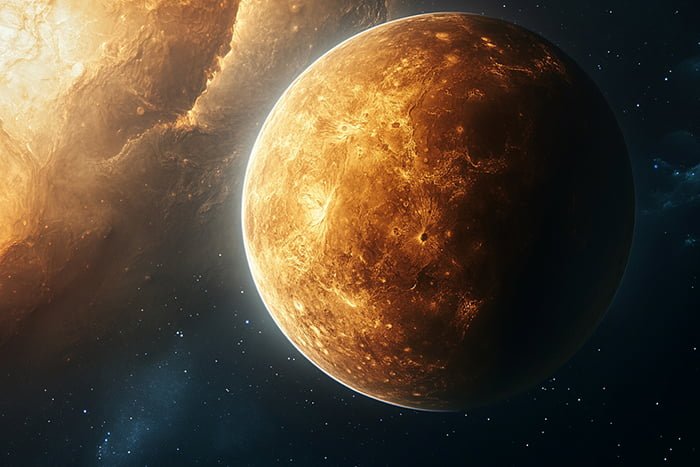 Unveiling the Enigmatic Planet Venus: A Captivating Journey 2 A detailed close-up of a planet with a golden-hued surface set against a dark space background, with a luminous nebula or star cluster on the left side.