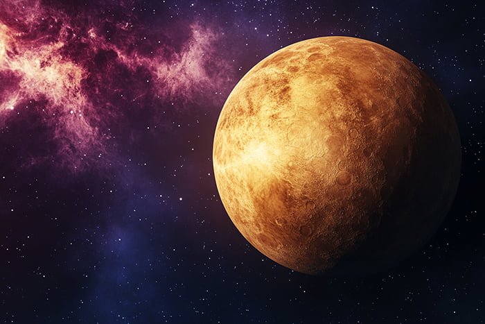 Unveiling the Enigmatic Planet Venus: A Captivating Journey 1 A golden-hued planet with visible craters against a backdrop of space with purple and pink nebula clouds.