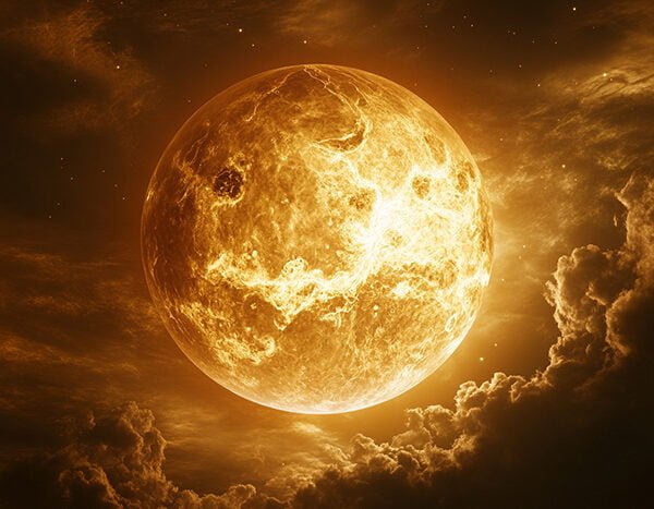 The 9 Planets in Our Solar System 7 A bright, golden moon illuminates the sky surrounded by swirling clouds and a dark, starry background.