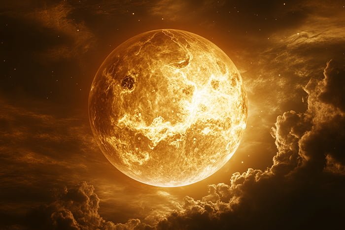 A bright, golden moon illuminates the sky surrounded by swirling clouds and a dark, starry background.