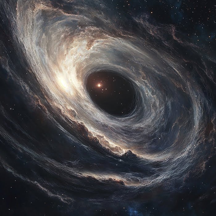 An artistic depiction of a black hole in space, with swirling gases and dust forming a spiral structure around the dark central void. Bright light is visible near the center, showcasing how primordial black holes could have played a role in shaping galaxies.