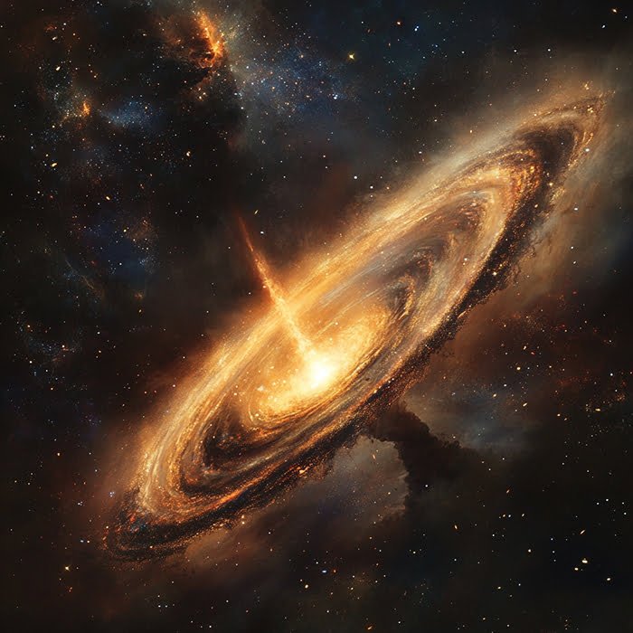 Primordial Black Holes: Evicting Stars and Shaping Galaxies 1 A glowing, swirling galaxy with a bright central core emits a jet of light and energy into space, surrounded by dark cosmic clouds, shaping galaxies in its wake.