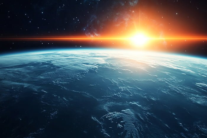 Pushing the Boundaries of Private Space Exploration: SpaceX's Polaris Dawn Mission 1 A view of Earth from space, as seen during the Polaris Dawn mission, showcasing a breathtaking sunrise over the planet's horizon against a backdrop of twinkling stars.