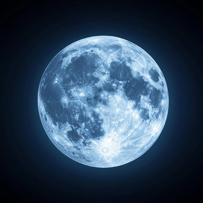 A detailed image of the blue moon against a dark sky, showing craters and surface markings illuminated in a bluish hue.