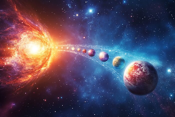 Unveiling the Mysteries of the Universe: How Did It All Begin 1 A cosmic scene depicting a bright star on the left and a series of planets aligned in a row extending to the right, with vibrant space colors and celestial bodies, evokes the profound Mysteries of the Universe.