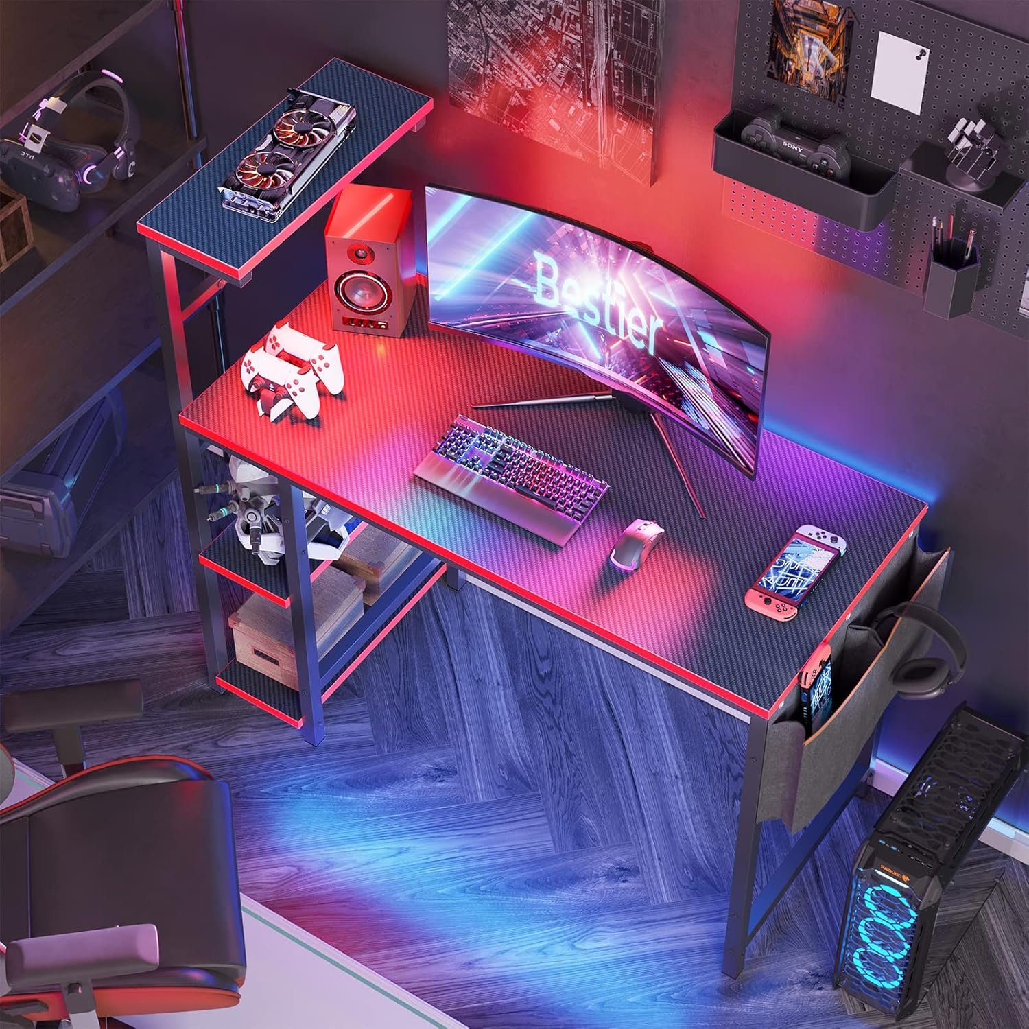 Bestier Gaming Desk with LED Lights, 44 Inch PC Gamer Desk for Small Spaces, Computer Desk with Reversible Storage Shelves Side Storage Bag (Black 3D Carbon Fiber) Bestier Gaming Desk with LED Lights, 44 Inch PC Gamer Desk for Small Spaces, Computer Desk with Reversible Storage Shelves Side Storage Bag (Black 3D Carbon Fiber)