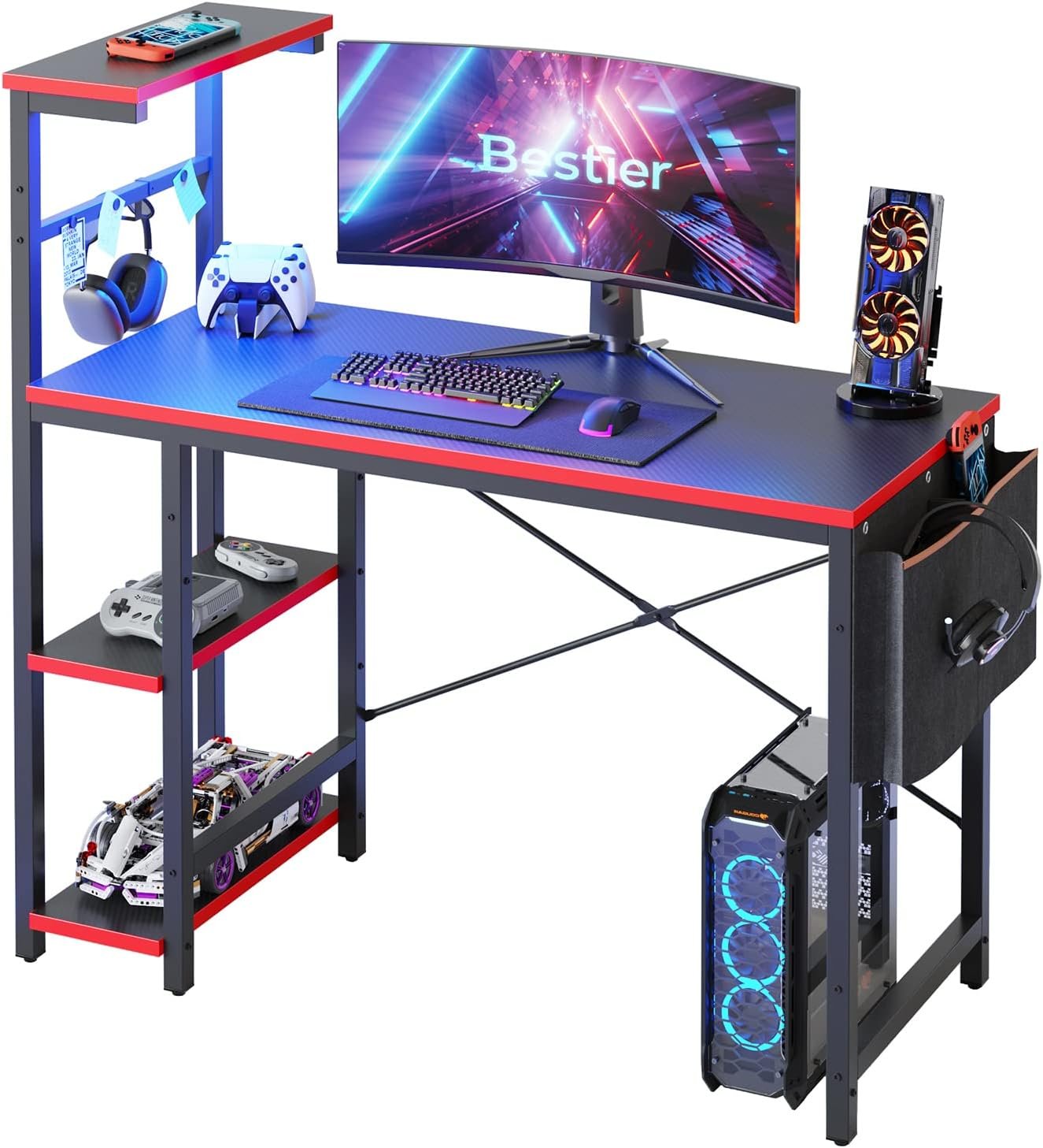 Bestier Gaming Desk with LED Lights, 44 Inch PC Gamer Desk for Small Spaces, Computer Desk with Reversible Storage Shelves Side Storage Bag (Black 3D Carbon Fiber) Bestier Gaming Desk with LED Lights, 44 Inch PC Gamer Desk for Small Spaces, Computer Desk with Reversible Storage Shelves Side Storage Bag (Black 3D Carbon Fiber)