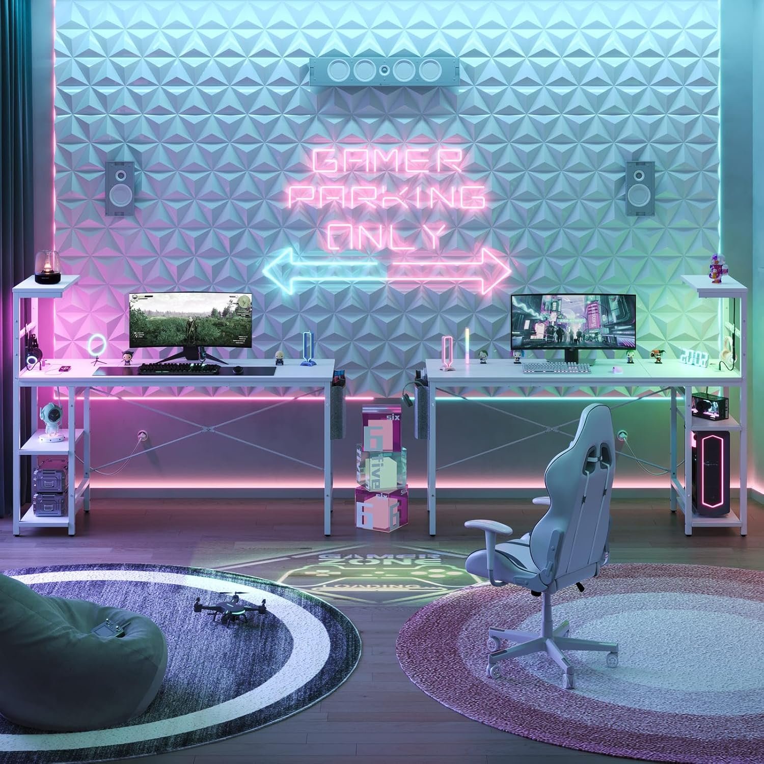 Bestier Gaming Desk with Power Outlets, 61 Inch Large Led Gamer Desk with 4 Tiers Reversible Shelves, PC Gaming Table with Headset Hook Side Storage Bag for Bedroom (White 3D Carbon Fiber) Bestier Gaming Desk with Power Outlets, 61 Inch Large Led Gamer Desk with 4 Tiers Reversible Shelves, PC Gaming Table with Headset Hook Side Storage Bag for Bedroom (White 3D Carbon Fiber)