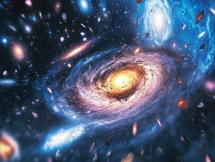 Una rappresentazione artistica di una galassia vorticosa con stelle luminose, pianeti lontani e polvere cosmica in uno spazio vibrante e colorato, che cattura il più grande mistero del nostro Universo dai tempi della teoria del Big Bang.