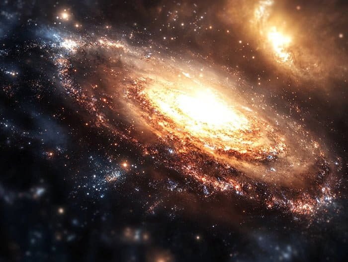 Una galassia a spirale luminosa con un nucleo centrale luminoso circondato da stelle e polvere cosmica nello spazio profondo, che incarna il più grande mistero dell'Universo.