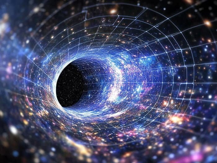 Illustrazione di un buco nero nello spazio con linee di griglia e stelle luminose che ruotano verso di esso, creando un effetto tunnel e catturando il mistero dell'universo.