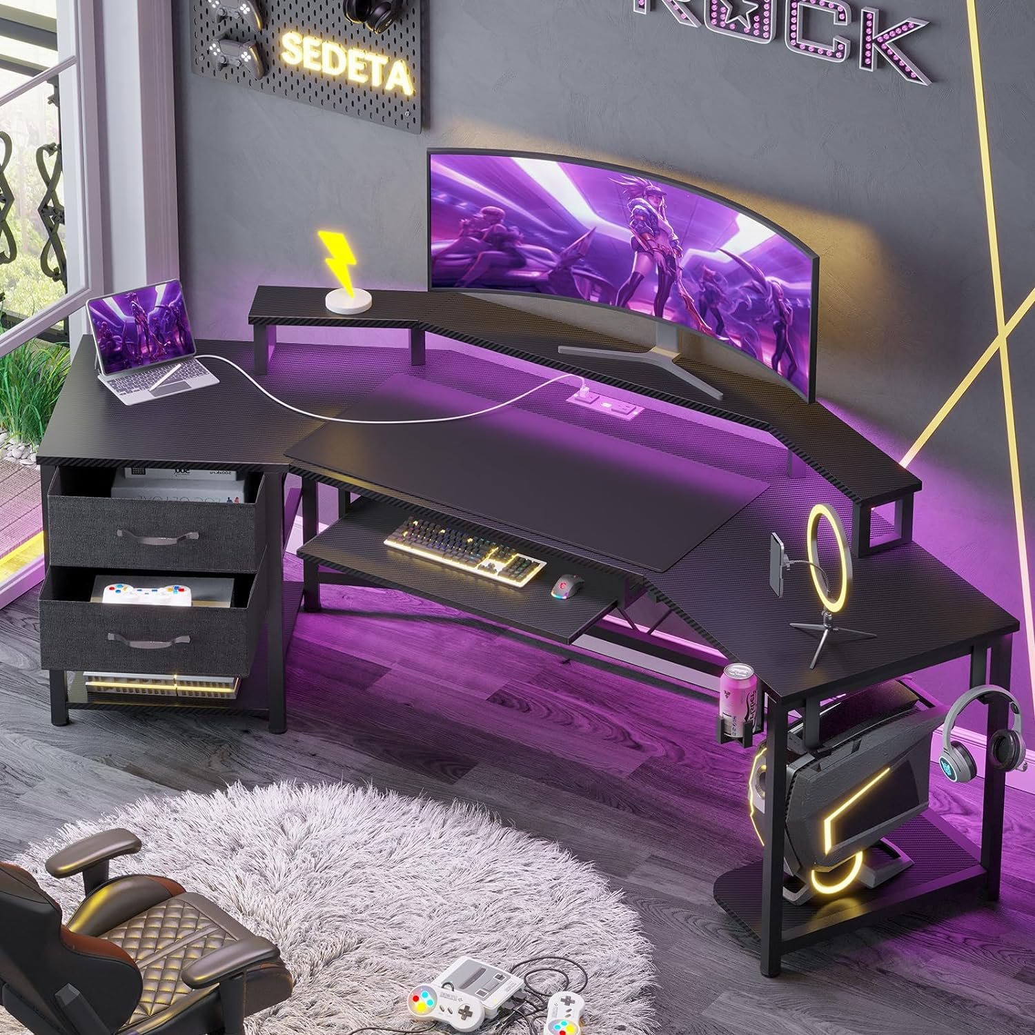 SEDETA 79 Gaming Desk, Computer Desk with 2 Fabric Drawers LED Light, L Shaped Gaming Desk with Storage Shelf for Home Office, Carbon Fiber Black