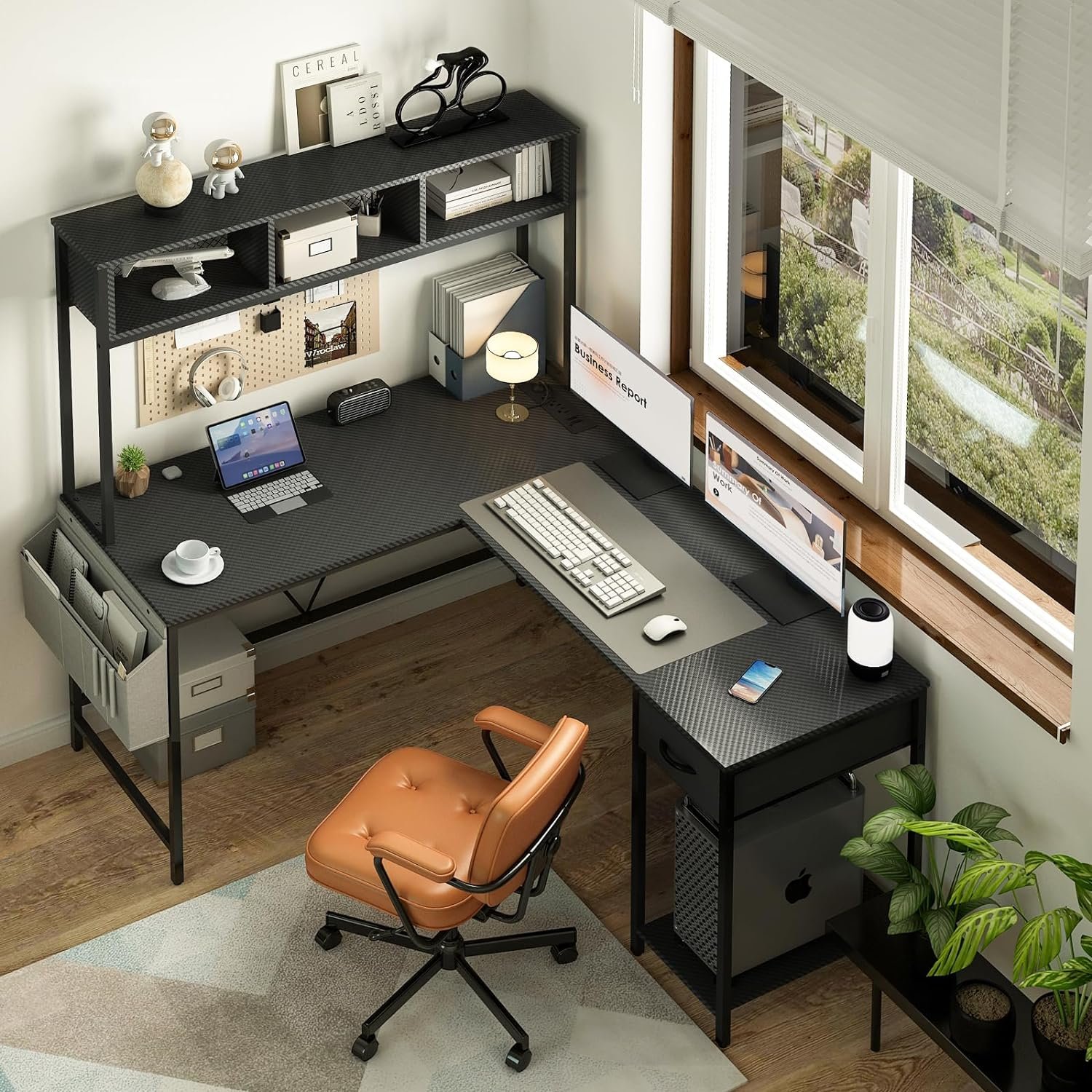 Yoobure L Shaped Desk Gaming Desk with LED Strip Power Outlet, Reversible L-Shaped Computer Desk with Storage Shelf Drawer, Corner Desk with Storage Bag, 2 Person Home Office Desk, Black