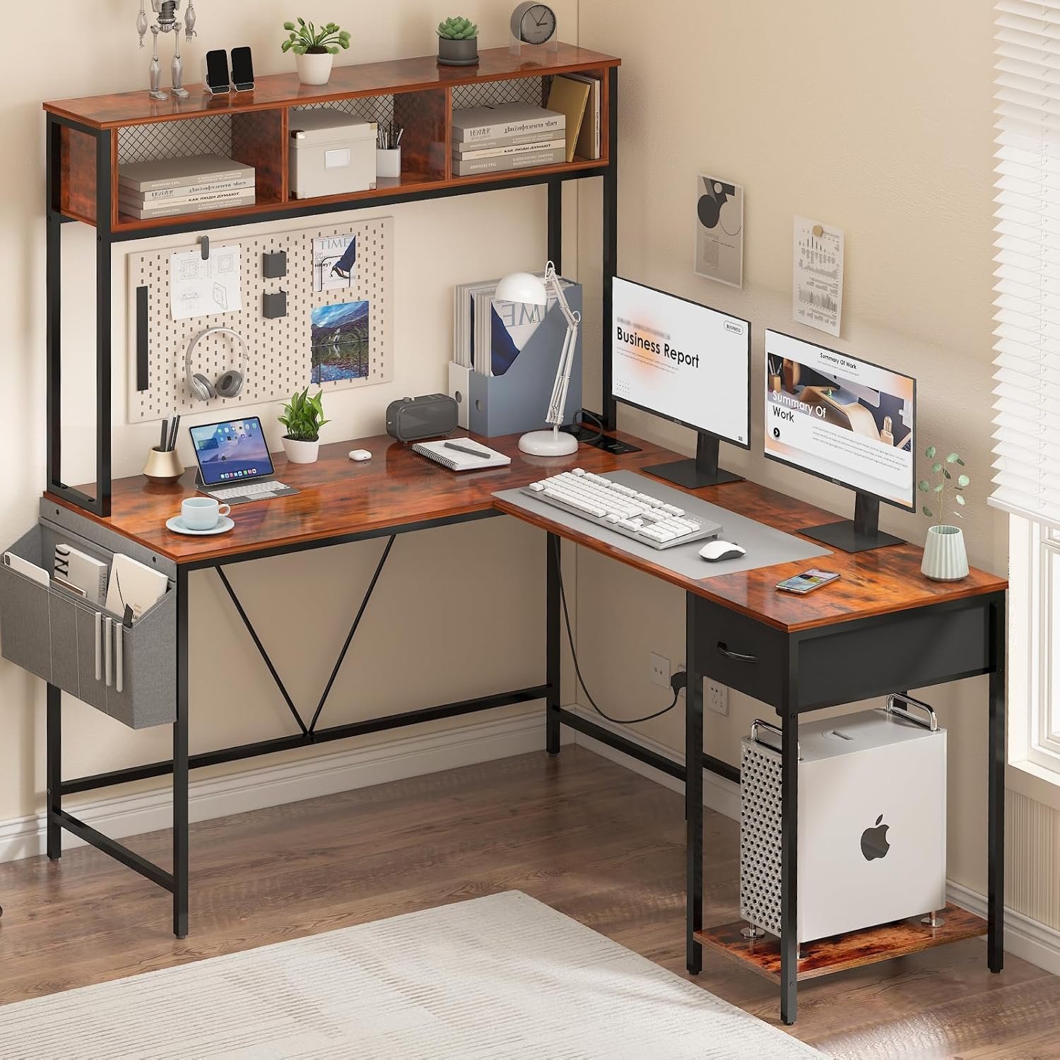 Yoobure L Shaped Desk Gaming Desk with LED Strip Power Outlet, Reversible L-Shaped Computer Desk with Storage Shelf Drawer, Corner Desk with Storage Bag, 2 Person Home Office Desk, Black